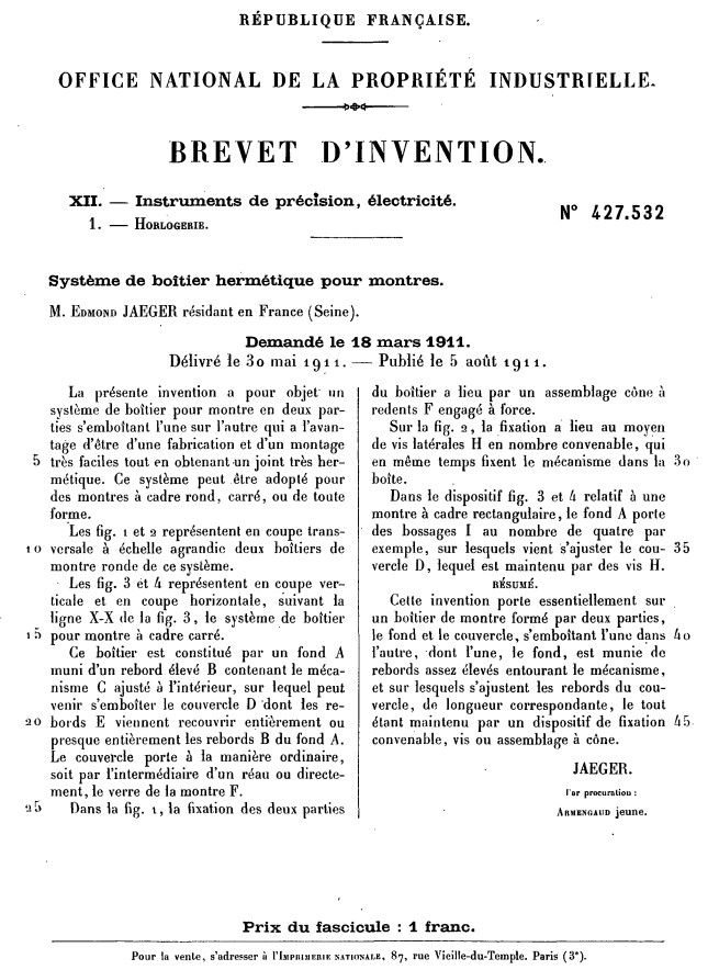 Brevet d'Edmond Jaeger - Boîtier hermétique
