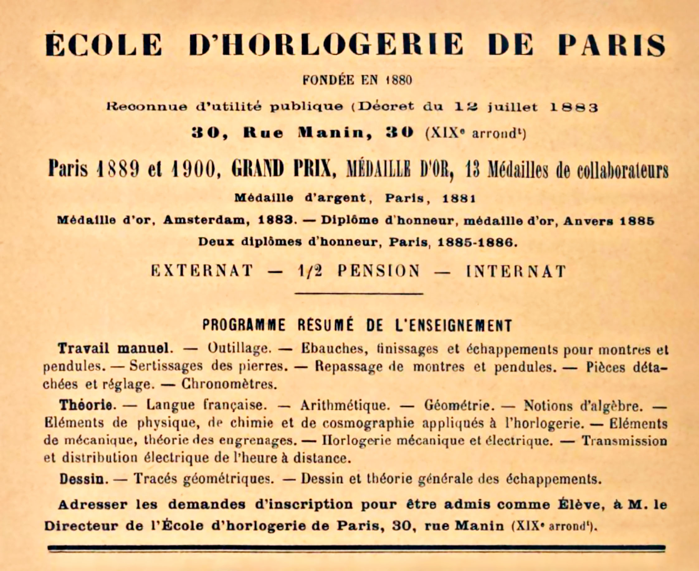 Programme et Médailles de l'École d'Horlogerie de Paris